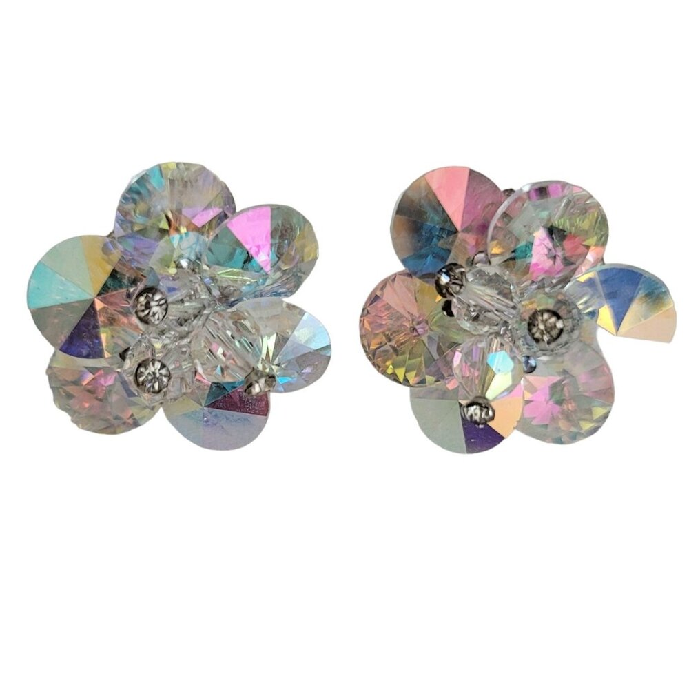 Vendome Silver Tone AB Clear Rhinestone Beaded Clip On Earrings, Signed